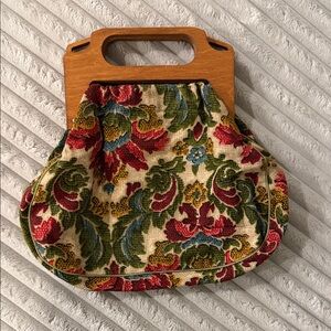 Floral Tapestry Handbag with Wooden Handle